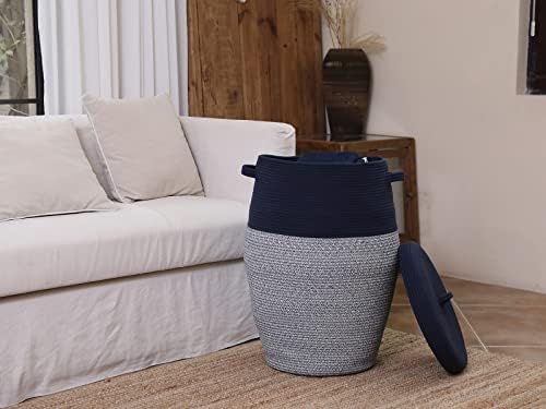 26"x20" Handcrafted Tall Cotton Rope Basket with Lid, Stylish Flagon Shape with Cover, Clothes Hamper with Top, for Bedroom and Living Room, Dark Blue Mix - Image 5