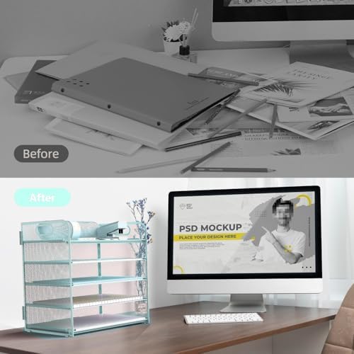 Letter Tray Paper Organizer 5-Tier Desk Organizer File Organizer Paper Holder with Handle, Metal Desktop Document Shelf Tray Office Classroom Organization - Blue - Image 3