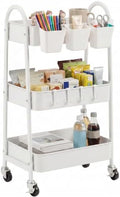 danpinera 3-Tier Rolling Cart, Utility Cart Mobile Metal Rolling Storage Cart with Lockable Wheels & Hanging Cups & Hooks for Kitchen, Bathroom, Office, Workshop, White by danpinera