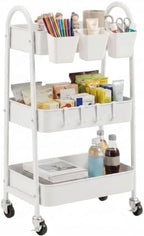 danpinera 3-Tier Rolling Cart, Utility Cart Mobile Metal Rolling Storage Cart with Lockable Wheels & Hanging Cups & Hooks for Kitchen, Bathroom, Office, Workshop, White by danpinera