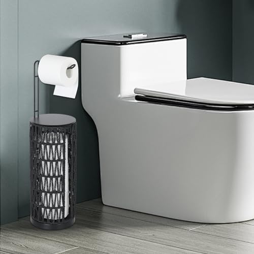 Black Freestanding Toilet Paper Holder with Storage,3 Rolls of Tissue Holder for Bathroom,Handmade Woven Toilet Paper Roll Holder Stand,Rattan Sturdy Boho Bathroom - Image 2