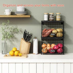 Goozii Black Kitchen Wall Hanging Storage Basket Set of 2, Rustic Stackable Kitchen Counter Fruit Organizer, Wire Baskets Container for Veggie, Garlic, Produce, Onion and Potato (Black Shelf) - Image 2