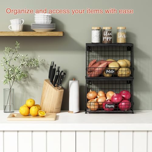 Goozii Black Kitchen Wall Hanging Storage Basket Set of 2, Rustic Stackable Kitchen Counter Fruit Organizer, Wire Baskets Container for Veggie, Garlic, Produce, Onion and Potato (Black Shelf) - Image 2
