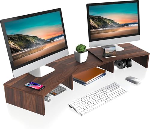 FITUEYES Dual Monitor Stand Riser, Adjustable Length and Angle, Brown by FITUEYES