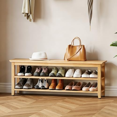 Wood Shoe Bench for Entryway,Bench with Shoe Rack,Storage Shoe Organizer for Hallway,Living Room,Bedroom (Natural, 47.24''W×11.81‘’D×17.71‘’H) by Furshus