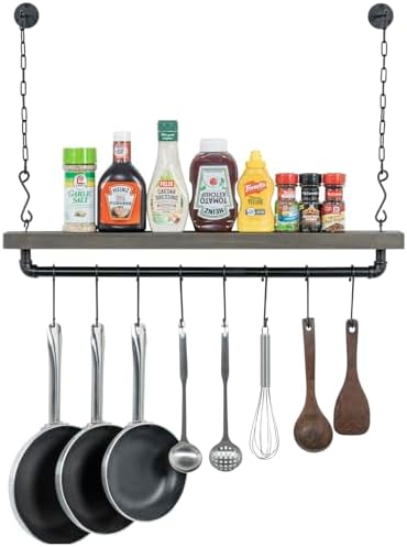 MyGift Wall Ceiling Pot Rack with Shelf, Black Pipe Cookware Organizer by MyGiftHome