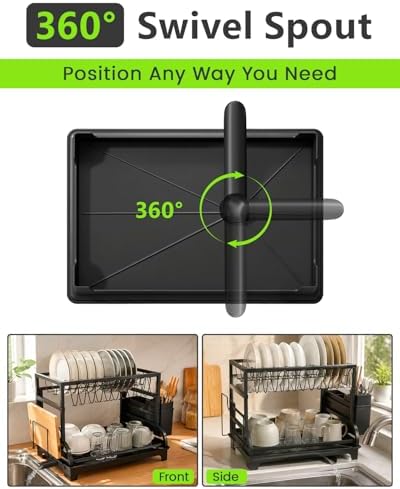 2-Tier Foldable Dish Drying Rack with Drainboard, Stainless Steel Large Capacity Kitchen Counter Organizer with Cup Holder, Utensil & Cutting Board Storage, No Assembly Required, Black - Image 2