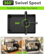 2-Tier Foldable Dish Drying Rack with Drainboard, Stainless Steel Large Capacity Kitchen Counter Organizer with Cup Holder, Utensil & Cutting Board Storage, No Assembly Required, Black - Image 2