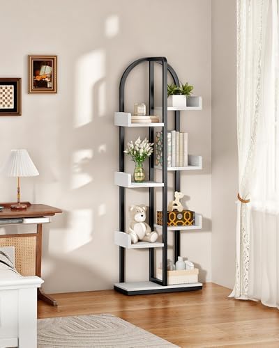 CHOEZON Corner Bookshelf, Curved 6-Tier Bookcase with Anti-Tip Kit, Adjustable Feet and Staggered Shelves for Living Room, Bedroom, Study, Office, White and Black TSJ06BW - Image 3