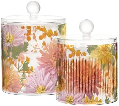 Pretty Chrysanthemum Flower Qtip Holder Waterproof Dustproof Apothecary Jars with Lids For Bathroom Cotton Swabs Makeup Sponges Floss Picks Bath Salts 2 Pack - Image 2