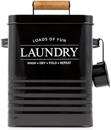 Calindiana Modern Farmhouse Metal Laundry Soap Dispenser Container Holder with Scoop for Laundry Room Decor and Space Saving Laundry Room Organization and Storage, Laundry Powder Container, Black by Calindiana