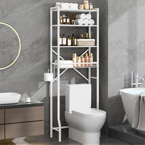 Over-The-Toilet Storage Shelf, 4-Tier Bathroom Organizers and Storage with Wooden Shelf, Freestanding Bathroom Storage Shelves Above Toilet for Laundry & Space Saver, White by Vokumba