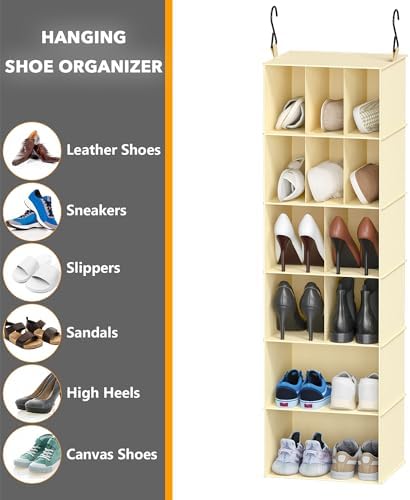 SpaceAid 2 Pack Hanging Closet Organizer and Storage with Dividers, 24 Compartments Hanging Shoe Shelves for Closet, Wardrobe, RV, Garment Rack - Beige - Image 6