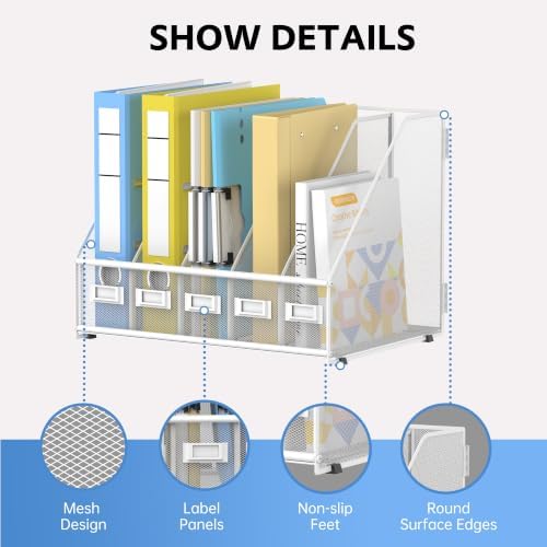 5 Vertical Compartments Magazine File Holder, Metal Binder Organizer, White - Image 3