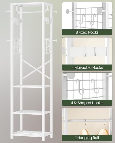 CHOEZON Coat Rack with Shelves, Freestanding Hall Tree, Coat Tree with 16 Hooks and Hanging Rail, Industrial Clothes Stand for Entryway, Hallway, Bedroom, White TYM18WB - Image 4
