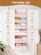 Criusia Over the Door Organizer, 6-Shelf Closet Hanging Storage with 13 Mesh Pockets, 55lbs Capacity Behind the Door Storage for Baby Nursery, Bathroom, Bedroom, and Dorm, Pink - Image 7