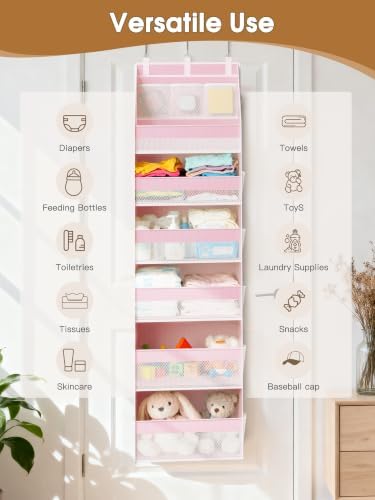 Criusia Over the Door Organizer, 6-Shelf Closet Hanging Storage with 13 Mesh Pockets, 55lbs Capacity Behind the Door Storage for Baby Nursery, Bathroom, Bedroom, and Dorm, Pink - Image 7