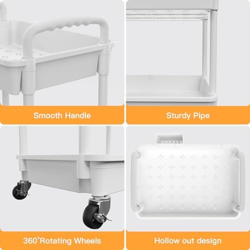 5 Tier Rolling Utility Cart with Handle,REBECAT Utility Cart Made of Multifunctional Storage Organizer Tool for Kitchen,Bathroom,Living Room,Office(White) - Image 2