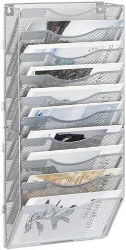 EasyPAG Wall File Organizer for Office 10 Pocket Mesh Wall Mounted Paper Organizer Hanging Folder Holder with Nametag Label for Home School, Silver by EasyPAG