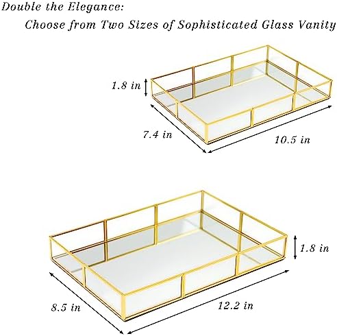Perfume Tray Vanity Tray with Metal Frame, Gold Tray for Bathroom, Jewelry or Home Decoration 2 Pcs (L+S) - Image 2