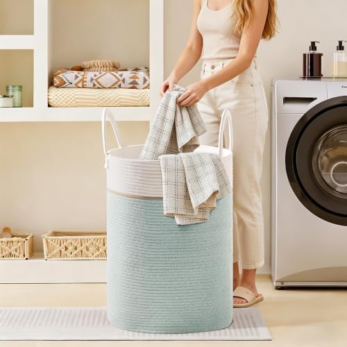 100L Extra Large Tall Cotton Rope Laundry Basket with Handles, Sage Green - Image 4