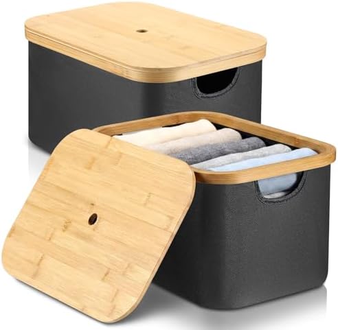 Novabright 2 Pcs Collapsible Storage Basket with Bamboo Lids 15" x 10" Foldable Fabric Storage Bins with Handles for Organizing Shelves Closet Laundry Room Bathroom Clothes Towel(Black) by Unknown