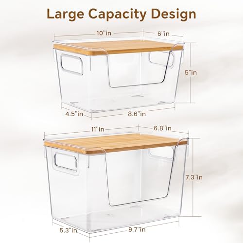 Criusia 2 Large and 2 Small Pantry Organizers and Storage with Bamboo Lids, Stackable Clear Bins for Onion, Potato, Fruit, Vegetables, Trash Bag Dispenser, Kitchen and Under Sink Organizer - Image 3