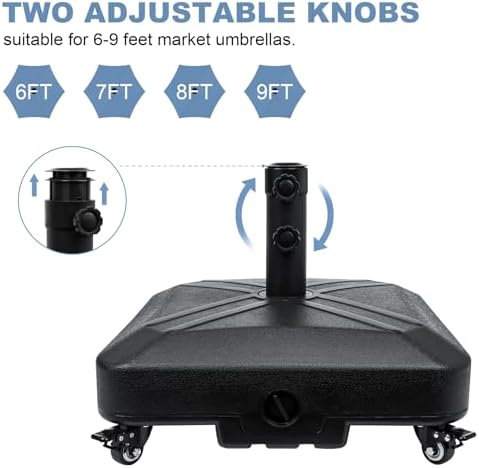 Patio Umbrella Base Heavy Duty with Wheels Square Market Stand for Outdoor 4 Locks 2 Knobs 125lb Capacity, Black - Image 2