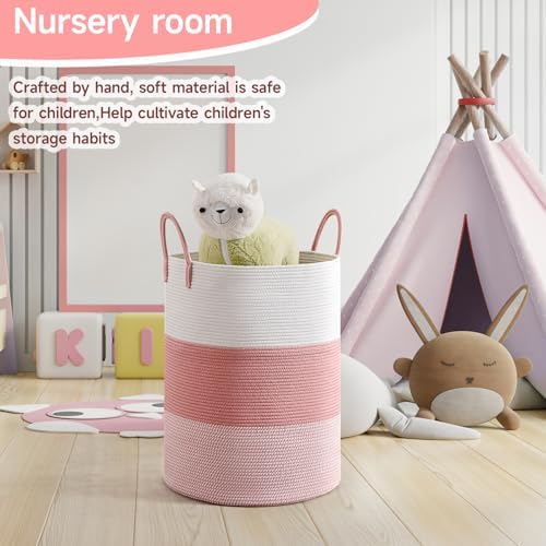 CLHMILY&Z 100L Laundry Basket Round Storage Rope Basket - 18.1x24 Inches - Pink Hamper in Bedreoom and Cute Storage Bin for Blankets, Toys, and Nursery Essentials - Image 3