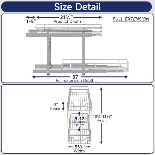 2-Tier Pull Out Cabinet Organizer, 9" W x 21.5" D, Heavy Duty Dual Slide Out Shelves for Narrow Base Cabinets, Chrome Wire Basket Drawer for Spices, Bottles & Snacks - Image 2