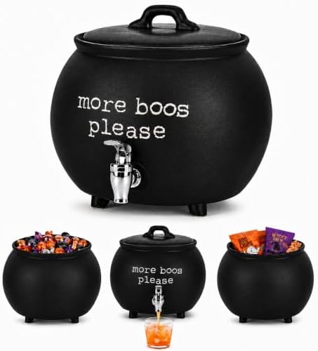Black Ceramic Cauldron Beverage Dispenser & Candy Bowl With Easy Flow Spigot & Lid / “More Boos Please” Halloween Drink Dispenser Great For Parties, Bars & Daily Use 1.5 Gallon by MosJos