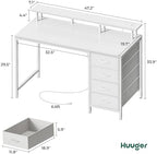 Huuger 47 Inch Computer Desk with Power Outlets and LED Lights, Gaming Desk with 4 Drawers, Office Desk with Monitor Stand, Study Work Home Office, Small Spaces, White - Image 2