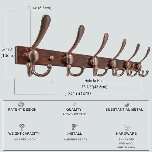 Dseap Coat Rack Wall Mount 24 Inch, Heavy Duty 12-Gauge Base vs Flimsy 1mm, Double-Thick Solid Anti-Snap Hooks, Stainless Steel 6-Hook Hanger for Clothes Hat Closet Entryway, Antique Copper, Pack of 2 - Image 3