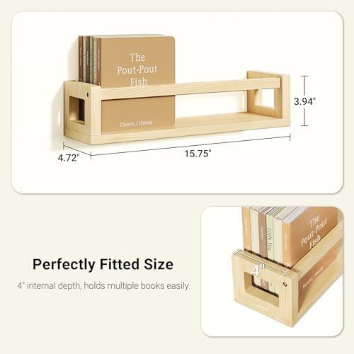 3Pack Solid Wood Floating Shelves for Wall, Nursery Bookshelf, Natural Wood - Image 2