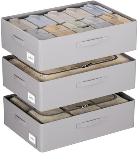 CYhom 3Pcs Under Bed Storage Bins with Metal Frame - Shoe Organizer for Closet with Clear Cover Oxford Fabric Sturdy Underbed Container Foldable Stackable Clothes Organizer (Grey, 23.5x19.7x6.3) by CYhom