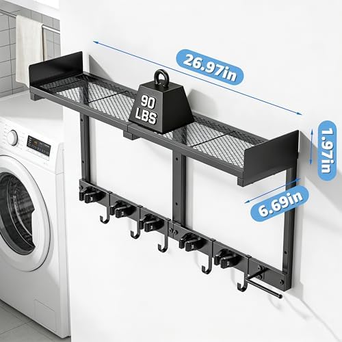 27" Mop and Broom Holder Wall Mount with Top Storage Shelf & Hooks,Black - Image 4
