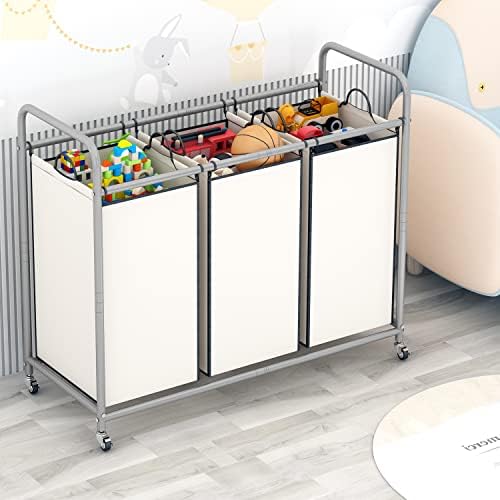 LINZINAR 3 Section Laundry Hamper, Beige Laundry Basket 135L Laundry Sorter - Image 3