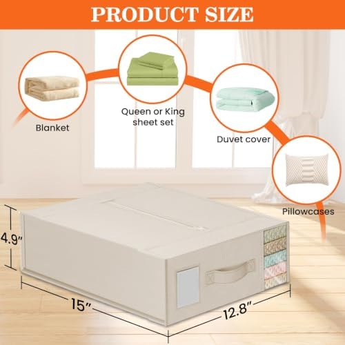 WOWBOX Sheet Organizers and Storage,Closet Bed Sheet Organizer Under Bed Storage and Organization with Label Cards & Clear Window for Bedding Sheets,Duvet Covers,Blankets (6 Pack，Beige) - Image 5