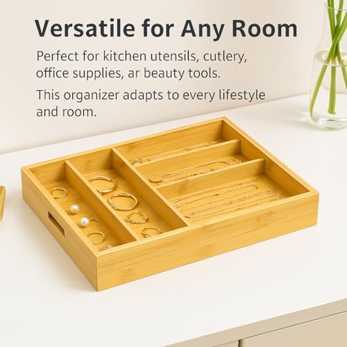 Bamboo Expandable Flatware Drawer Organizer Stackable Bamboo Silverware Drawer Organizer – 2-Tier Kitchen Utensil Tray with Compartments, Flatware Organizer for Spoons - Image 6