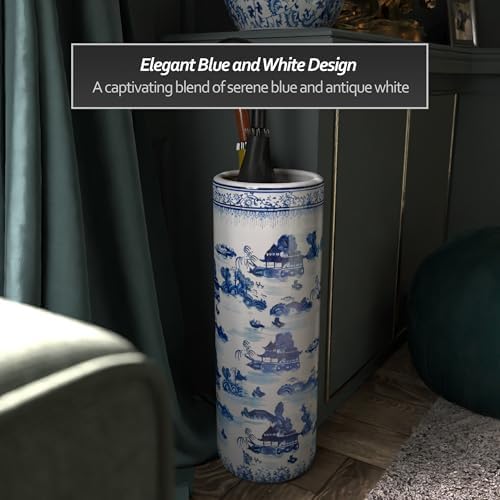 Oriental Furniture 20" Landscape Blue & White Porcelain Umbrella Stand - Image 2