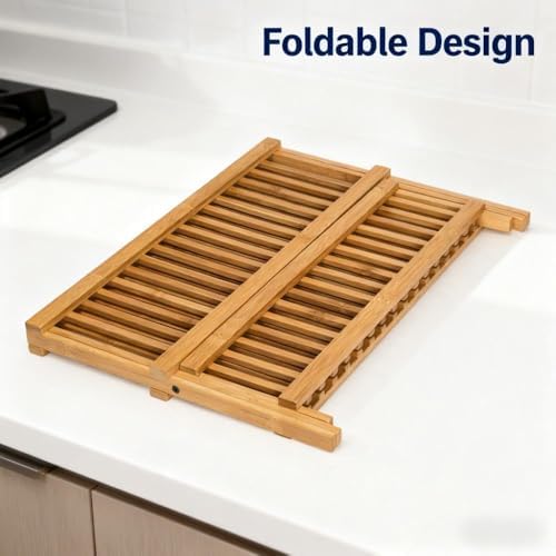 QUEENKAY Dish Drying Rack Collapsible 2-Tier Bamboo Dish Rack for Kitchen Counter Wooden Dish Drainer with Foldable Space-Saving Design for Dishes, Plates, and Cups - Image 4