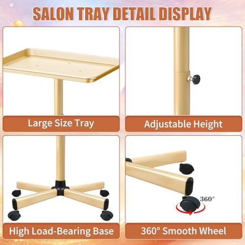 Salon Tray on Wheels, Champagne Gold Salon Rolling Tray, Adjustable Height - Image 4