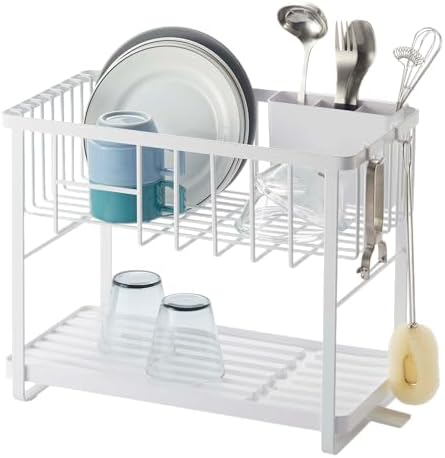 YAMAZAKI Home Two-Tier Adjustable Dish Drainer Rack, Compact Drying Rack with Hooks, Utensils Holder, Steel, Draining Spout, Water Resistant, No Assembly Req. by Unknown