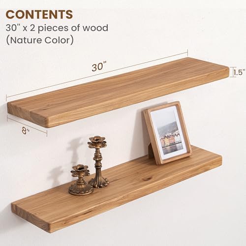 Floating Shelves for Wall, 30"Wx8"D Rustic Solid Elm Wood Floating Shelves Wall Mounted, Round Edge Wall Shelves with Invisible Bracket for Living Room Bathroom Bedroom Kitchen, Set of 2, Natural - Image 2