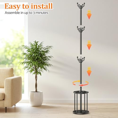 Coat Rack Freestanding, Hat Rack Hall Tree Coat Hanger Umbrella Stand for Entryway, Black Coat Rack with Umbrella Holder, Tree Stand Corner Hall Tree Rack for Hat, Umbrella, Purse, Bag, Clothes - Image 7