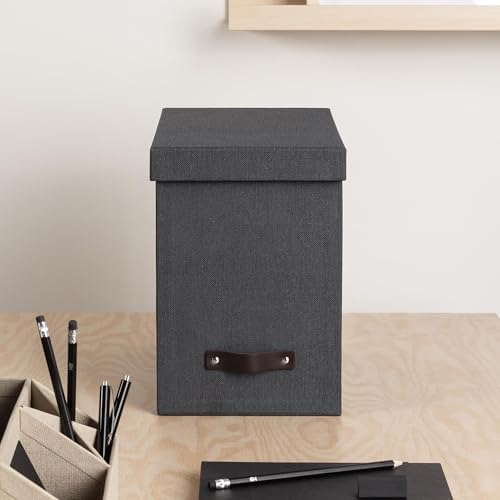Bigso John Desktop File Box - Storage Solution and Document Organizer for Important Paperwork - Durable Hanging File Box with Lid and Leather Handle - 7.36 in x 13.26 in x 10.51 in - Black - Image 6