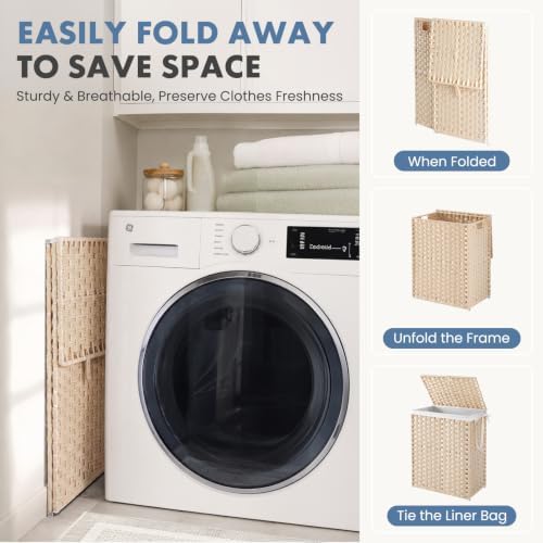DUMOS Laundry Basket with Lid, 90L Wicker Laundry Hampers, Summer Sand - Image 6
