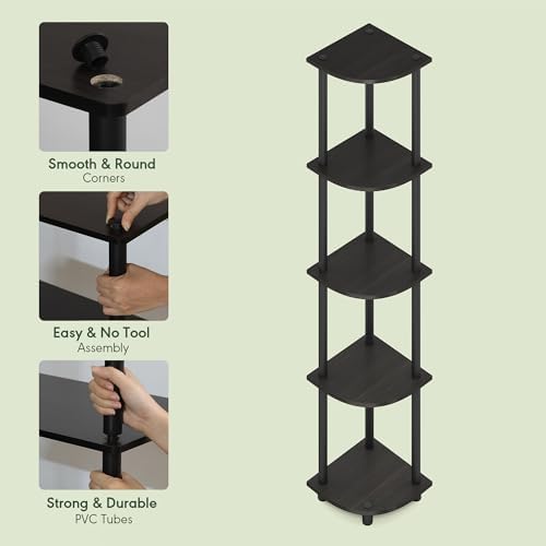 Furinno Turn-N-Tube Corner Shelf, 5-Tier Corner Bookshelf, Open Storage Shelves, for Organization and Storage, Living Room, Home Office, Garage, Bedroom, Black Espresso - Image 6