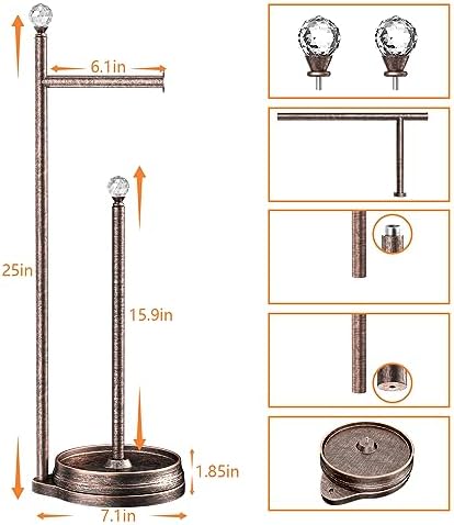 KASUNTO Toilet Paper Holder for Bathroom, Heavy Weighted Metal Free Standing Toilet Paper Holder Stand with Crystal Ball, Toilet Paper Roll Stand for Bathroom Accessories (Oil Rubbed Bronze) - Image 2