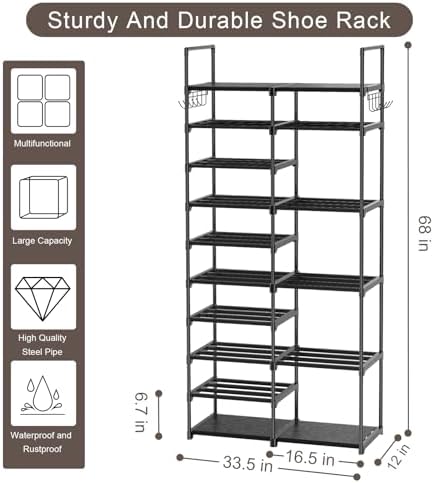 Kottwca 2 Row 10 Tier Tall Shoe Rack Organizer for Closet Entryway, 40-45 Pair Shoe Boot Storage Rack, Metal Shoe Shelf Small Vertical Stackable Shoe Stand for Bedroom Corner - Image 2
